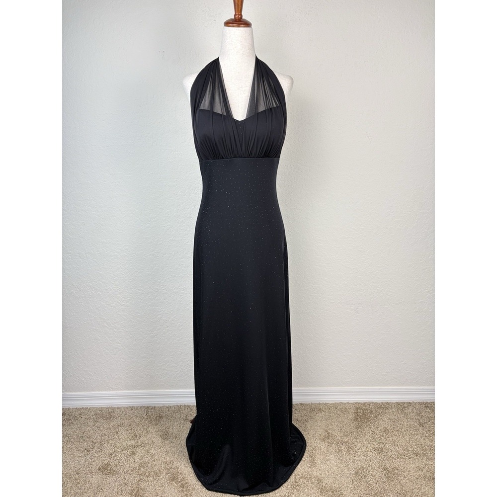 Betsy & Adam Sz 14 Black Halter Maxi Gown Empire Waist Y2k Vamp Romantic Witchy
